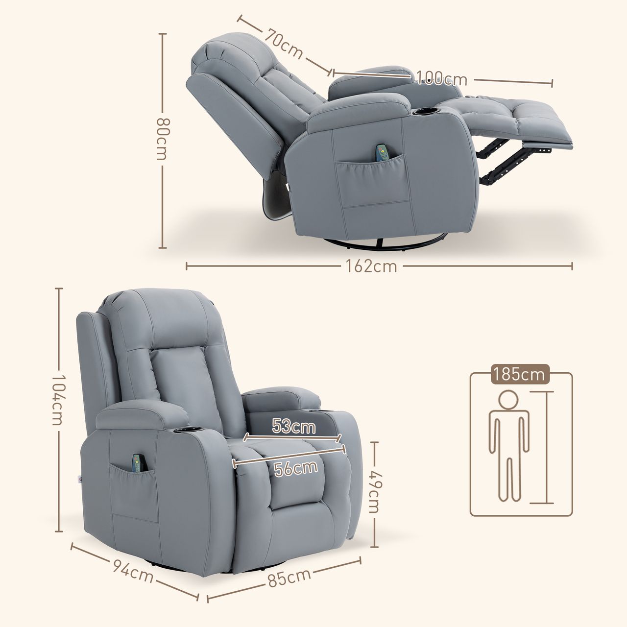 HOMCOM Massagesessel Fernsehsessel Relaxsessel mit Wippenfunktion Hellgrau