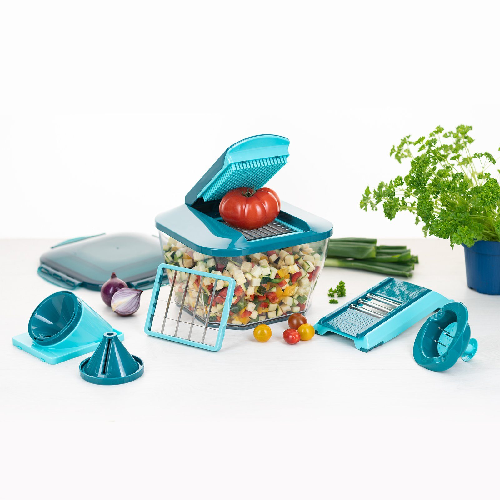Genius Gemüseschneider Nicer Dicer Chef Professional, Set 15-tlg. Gemüseschneider, 5.2L Behälter Deckel Gemüsehobel