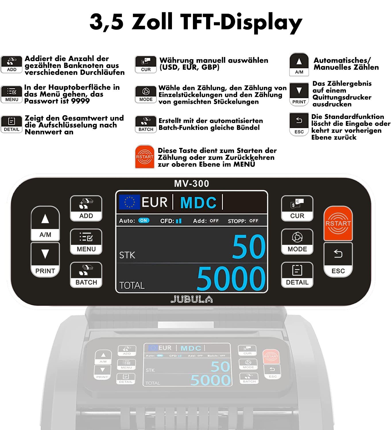 Jubula Banknotenzähler Mv-300, EUR USD GBP, Geldzählmaschine für gemischte Geldscheine, Exakt
