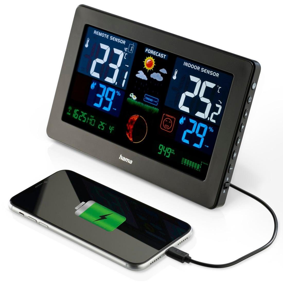 Hama Wetterstation Funk mit Außensensor Wettervorhersage USB-Ladefunktion Wetterstation