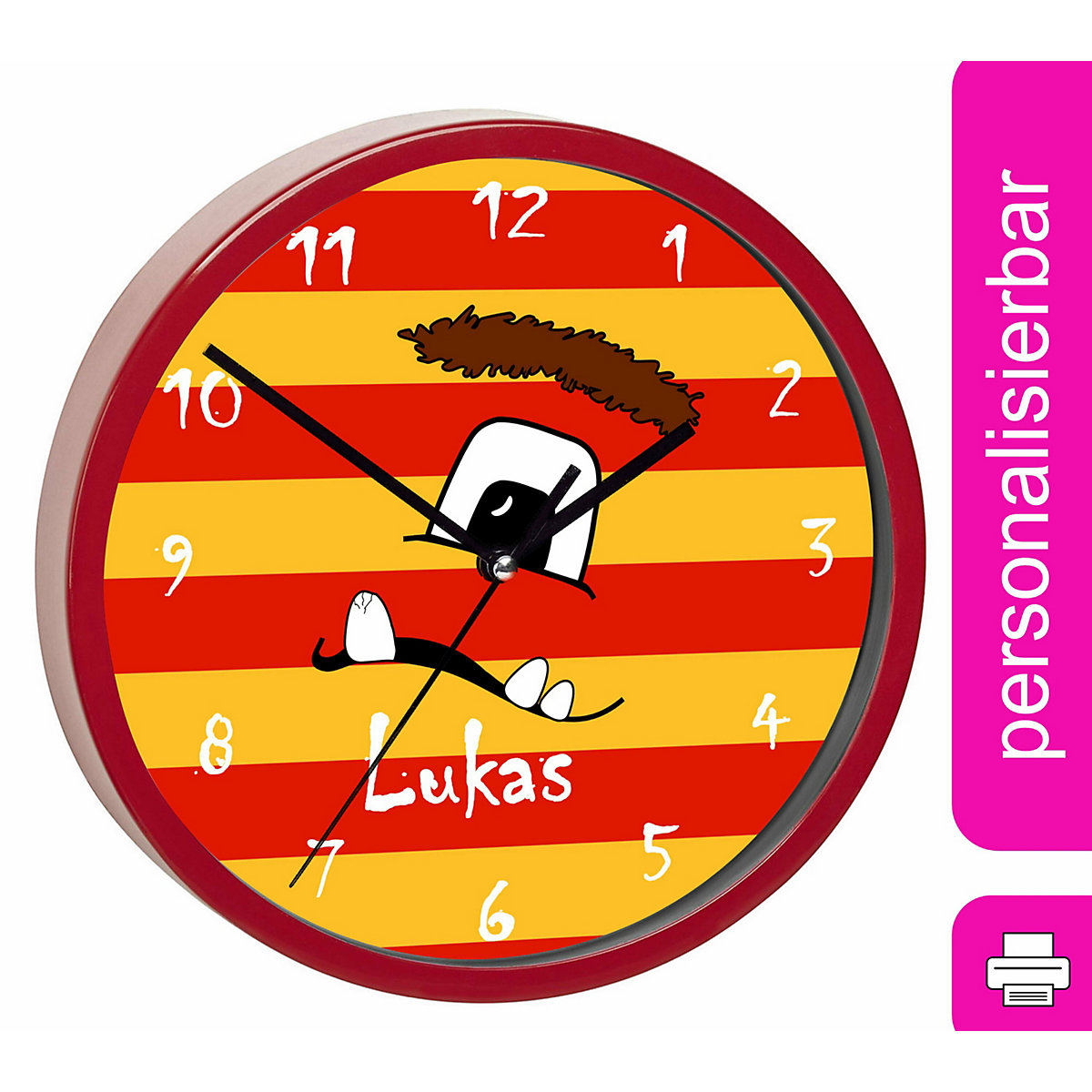 Kinder Wanduhr personalisiert mit Name Monster Streifen rot gelb