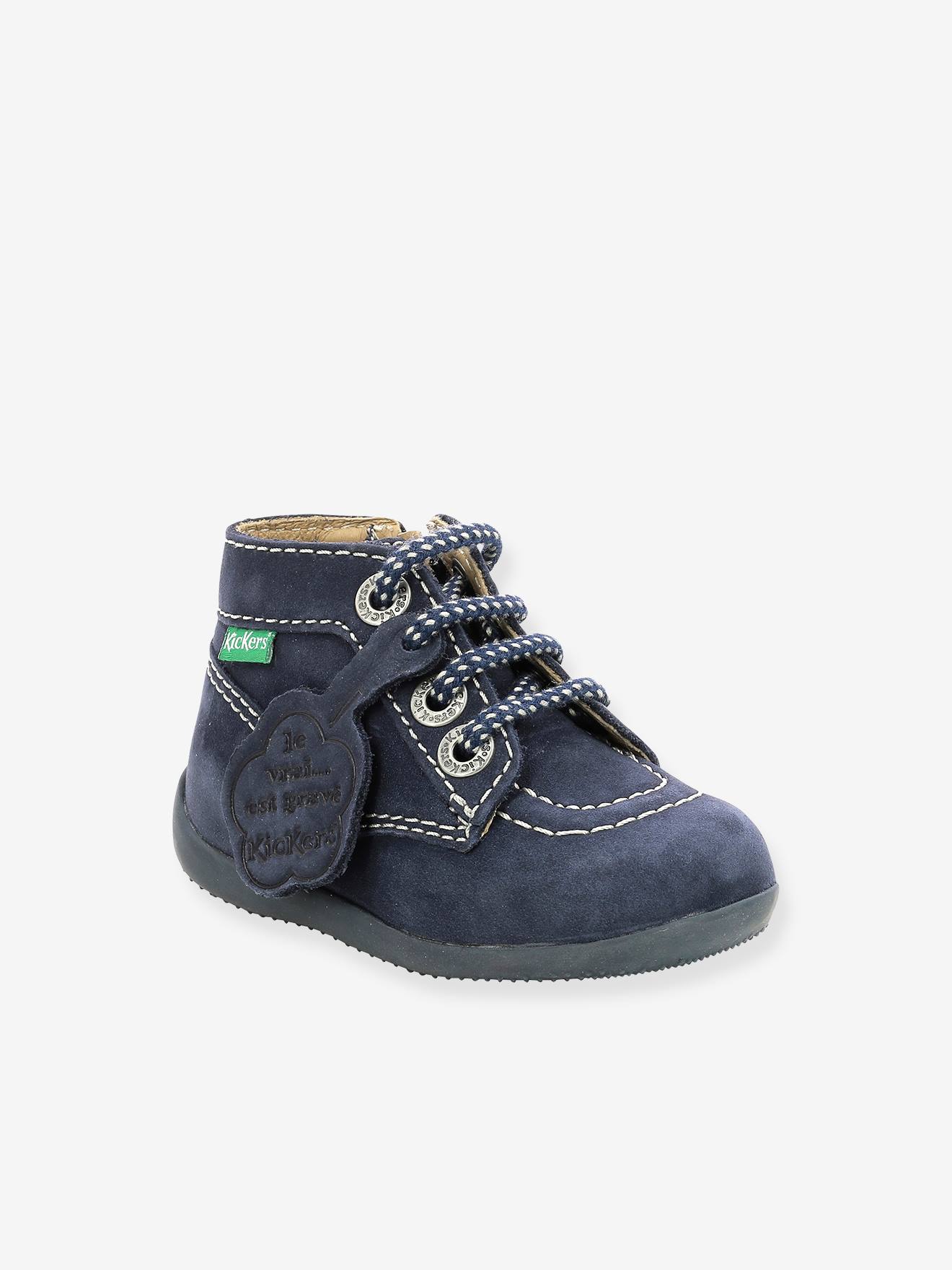 Bottillons cuir bébé Bonzip 2 KICKERS® 1ers pas camel jaune blanc