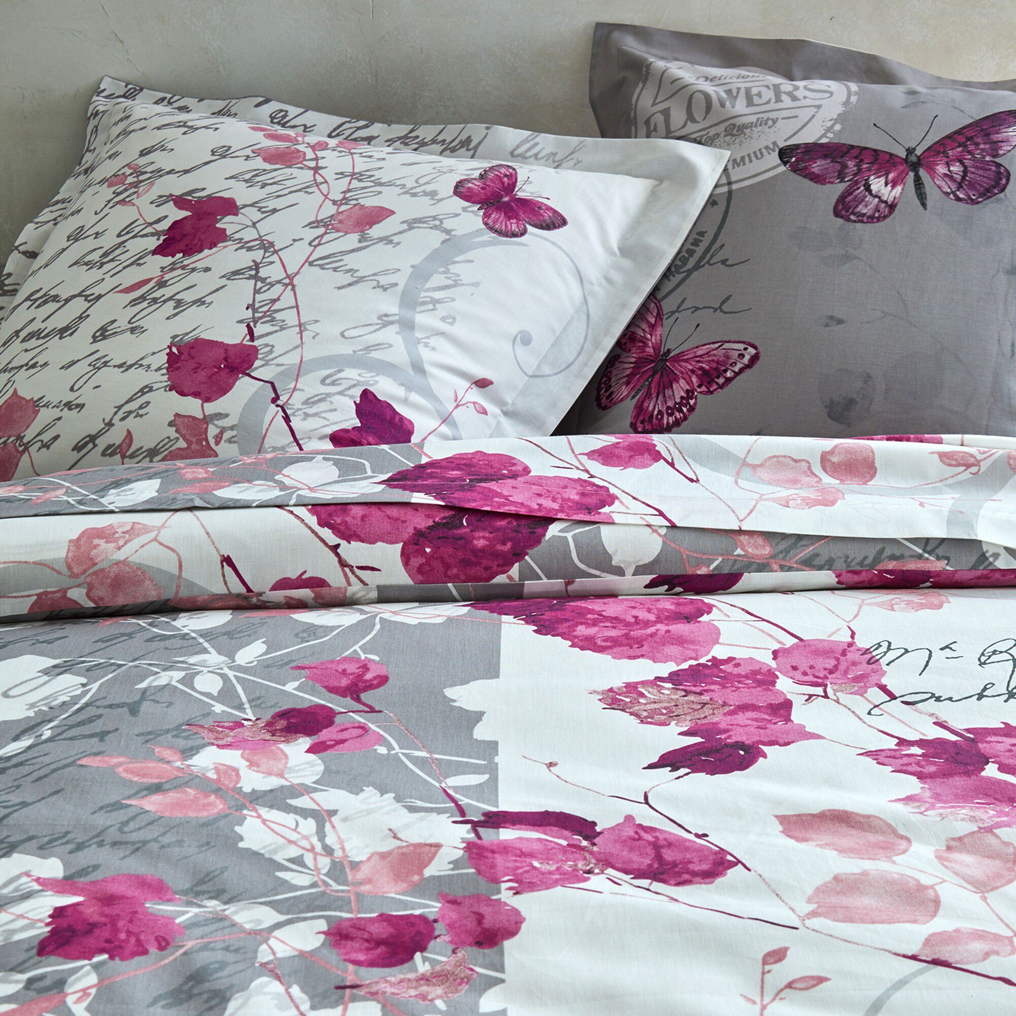 Linge de lit Célestine en coton imprimé fleurs et papillons
