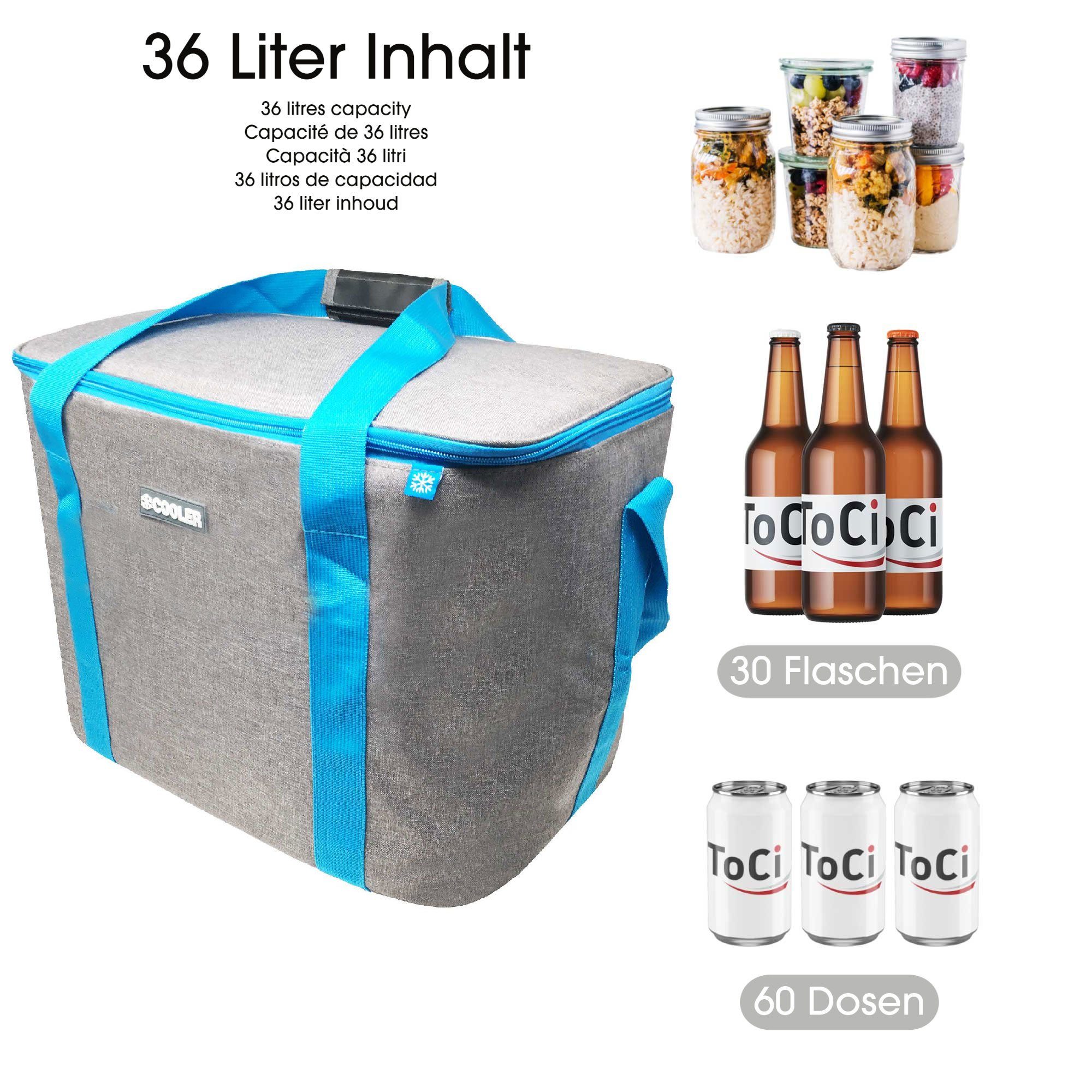 ToCi Kühltasche Kühltasche Kühlbox Picknick Isoliertasche Camping 36 Liter Grau