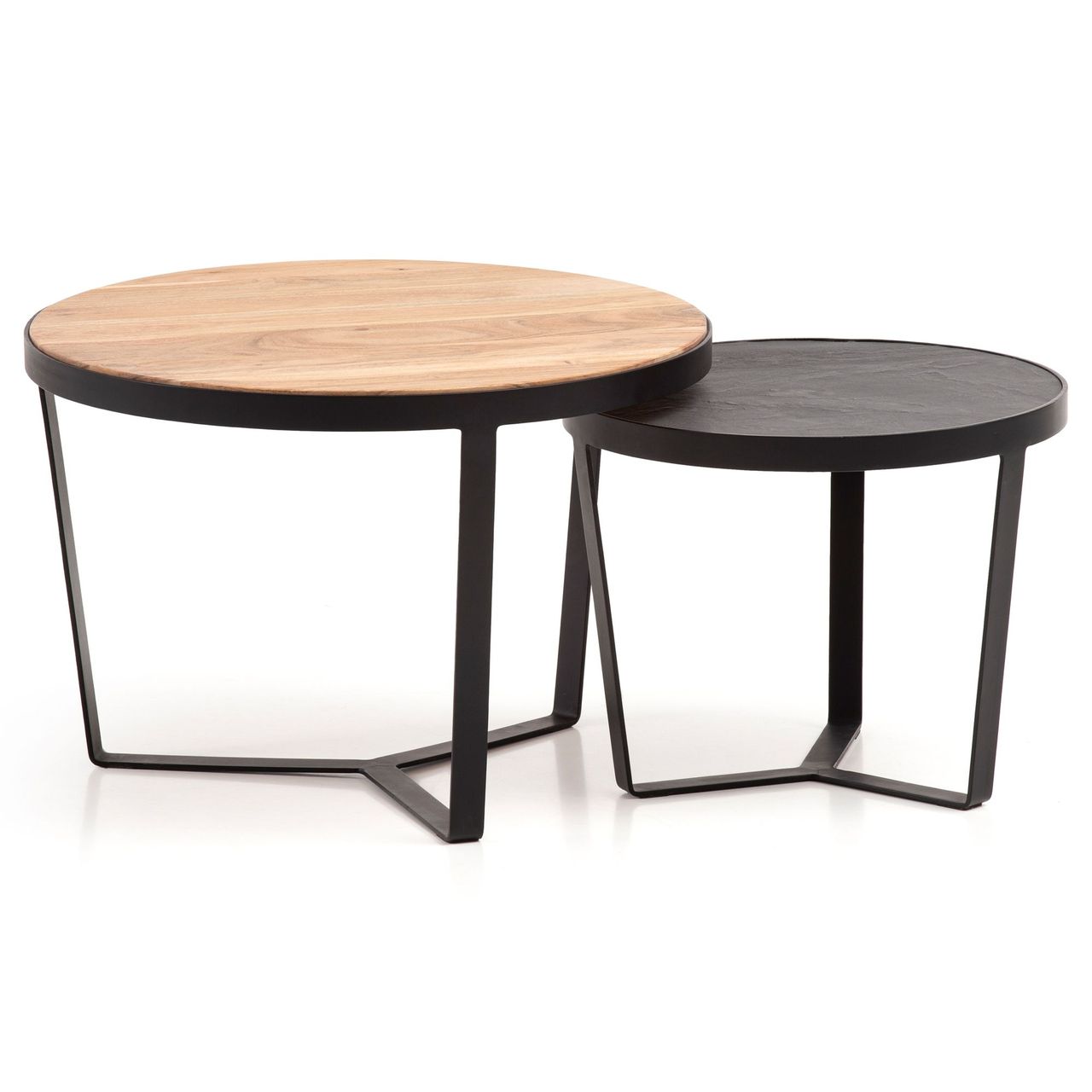 Wohnling Couchtisch 2er Set Rund Holz / Steinoptik Wohnzimmertisch Satztisch