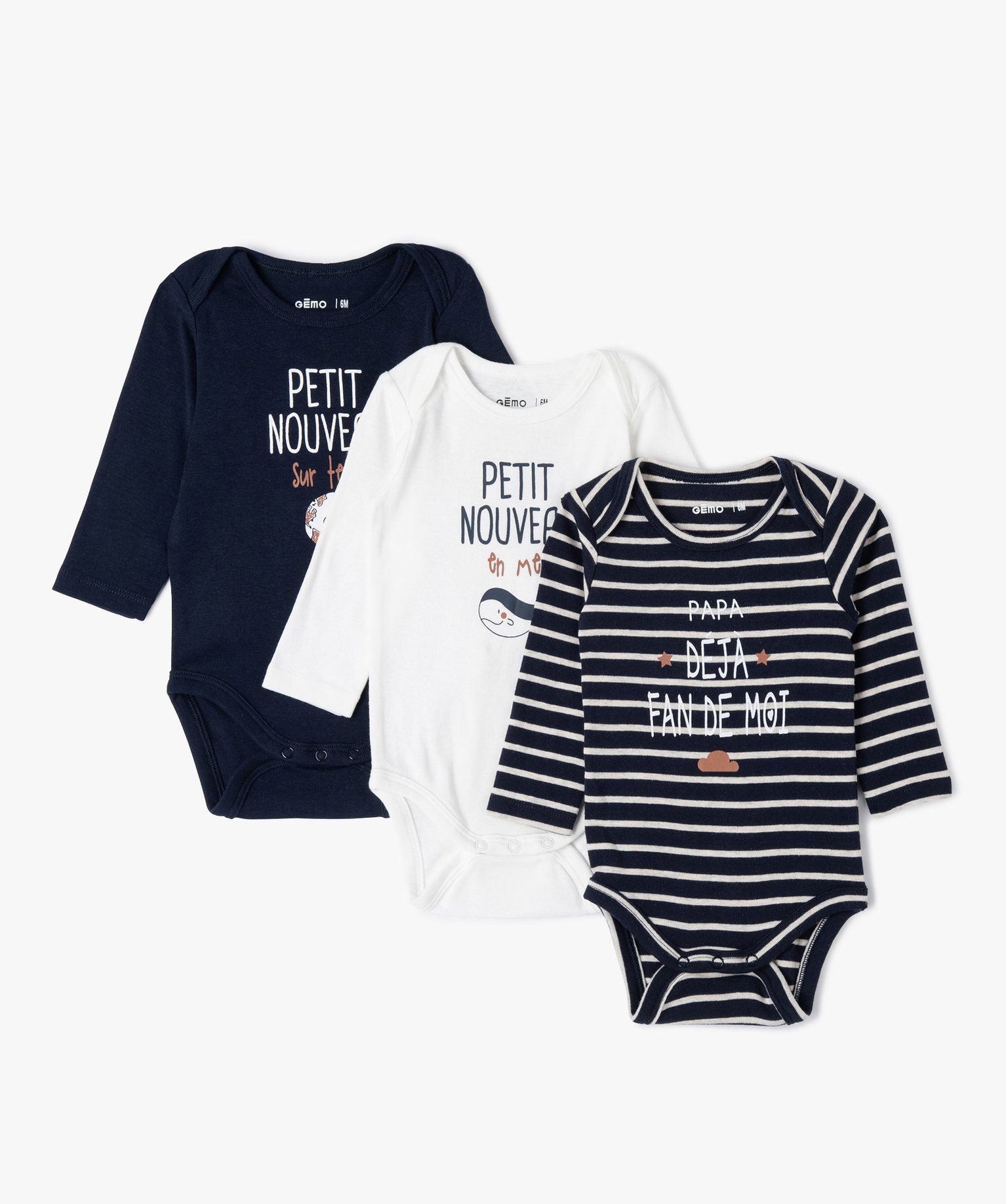 Body bébé à manches longues à motifs marins (lot de 3) marine | GEMO