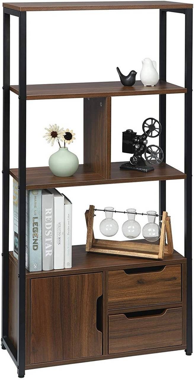 Woltu Bücherregal, 1-tlg., Standregal mit Schrank und Schubladen MDF Metall