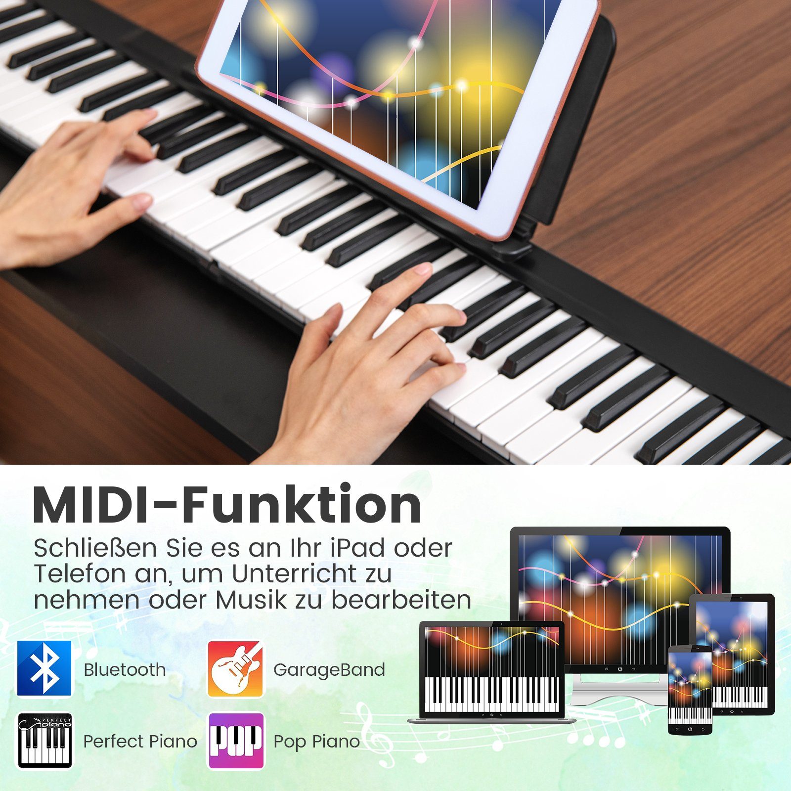 COSTWAY Home Keyboard, faltbar, 88 Tastatur, Bluetooth, mit Tragetasche