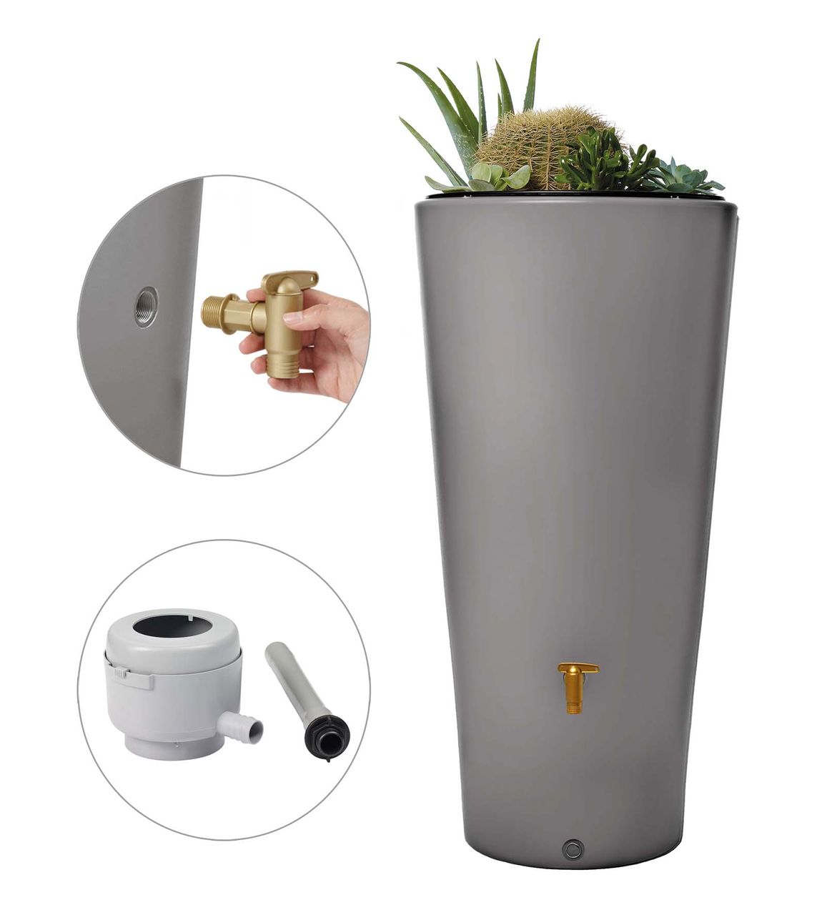 4rain VASO 2in1 Regenspeicher 220 L zinkgrau inkl. Anschlussset und Auslaufhahn