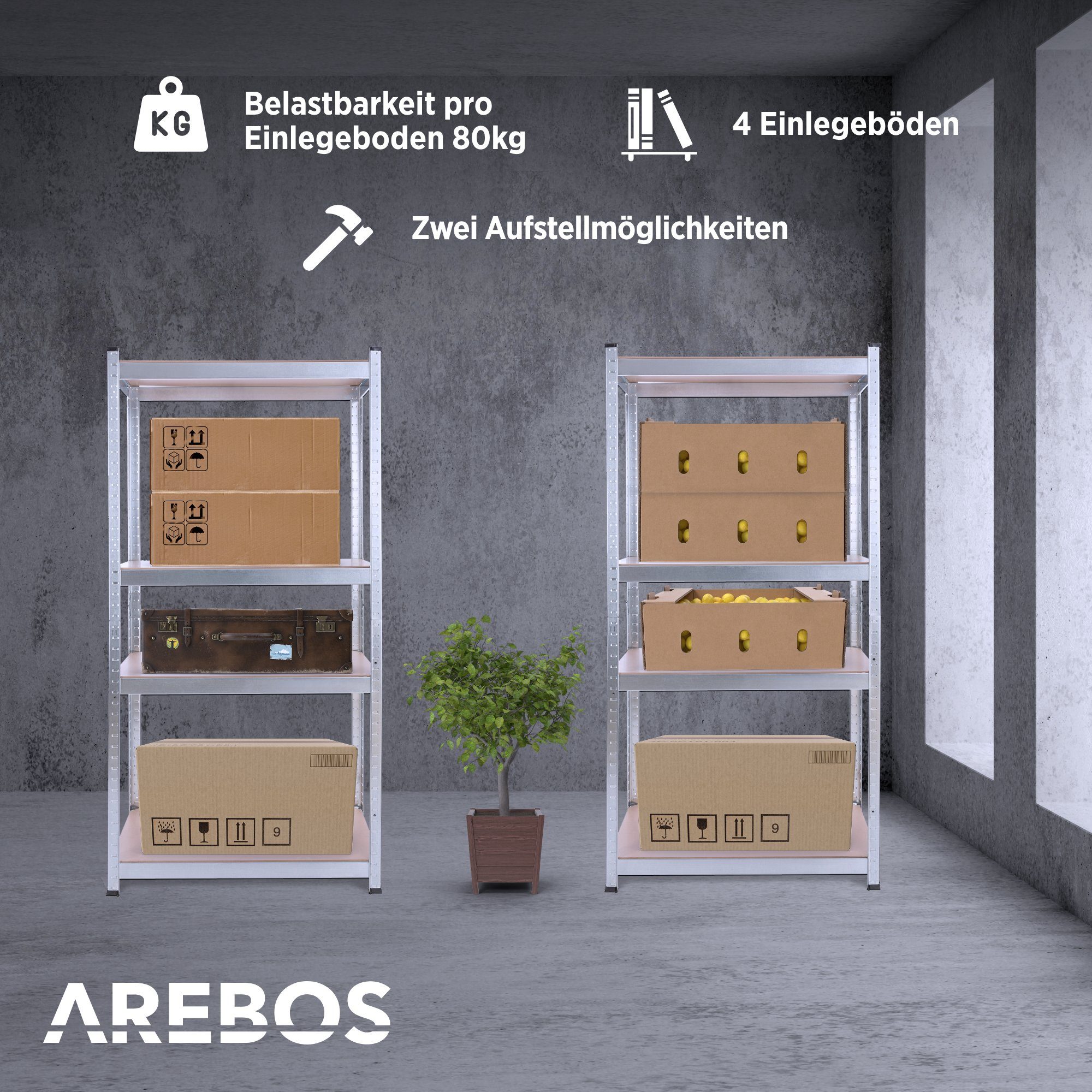 Arebos Schwerlastregal Kellerregal Steckregal Lagerregal 160 x 80 x 40 cm 320 kg, Set 2-tlg.