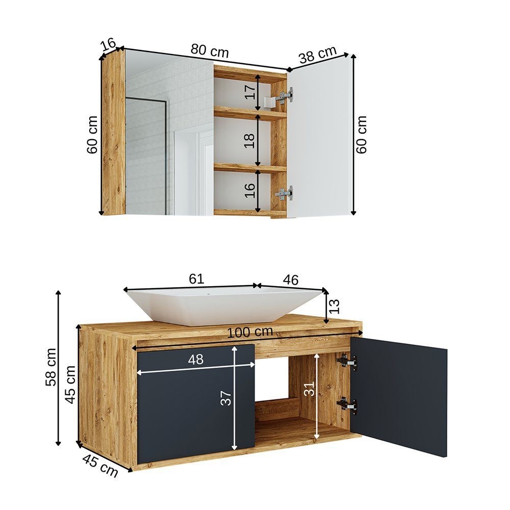 Roomart Badmöbel-Set, (Badmöbel Set 3-teilig 100cm Unterschrank mit Waschbecken Spiegelscrank)