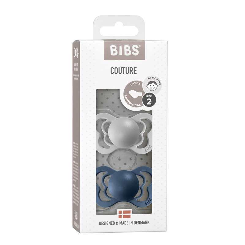 Lot de 2 sucettes Couture caoutchouc taille 2 gris nuage et bleu acier BIBS
