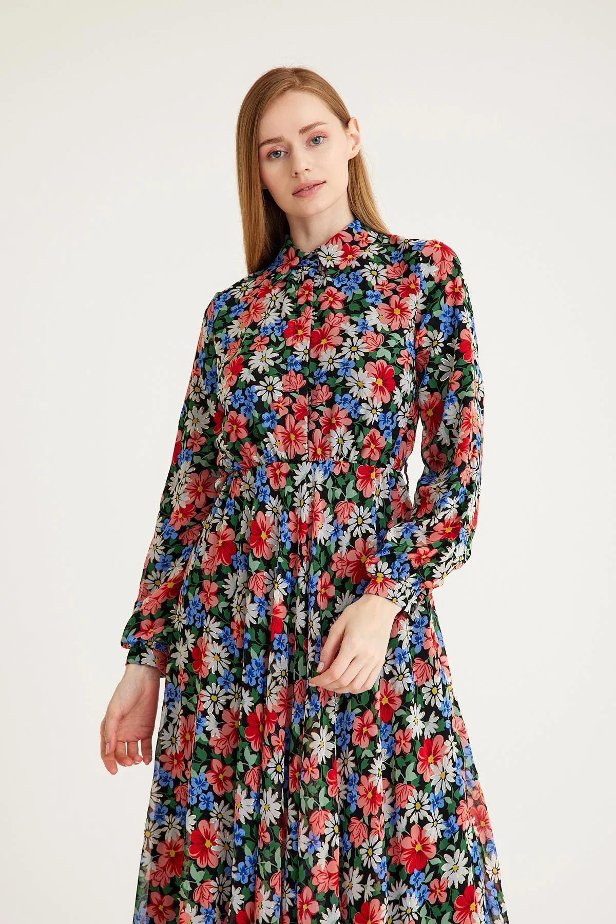 Olcay  Gemustertes Chiffonkleid - MERCAN 9619-EY mit geraffter Taille und Gürtel-Accessoires