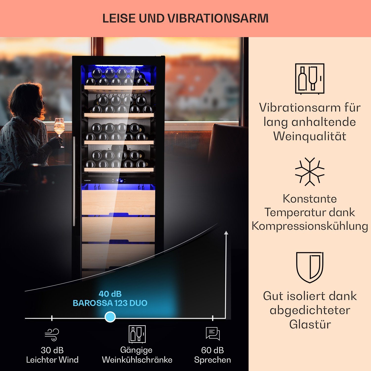 Klarstein Weinkühlschrank Barossa 123 Duo, für 123 Standardflaschen á 0,75l,2 Zonen Wein Flaschenkühlschrank Weintemperierschrank Weinschrank