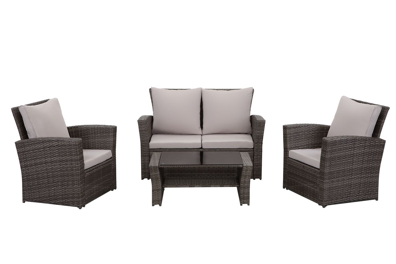 MeXo Lounge Set Polyrattan Gartenmöbel Set 4-teile für 3-4 Personen Garten & Balkon Sitzmöbel-Set (Grau)