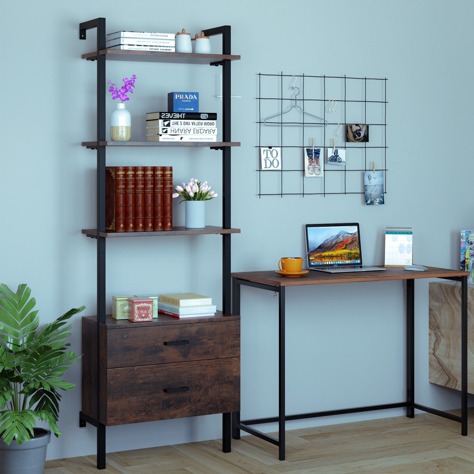 Homfa Leiterregal, Bücherregal 2 Schublade Standregal 3 Ablagen schwarz 185cm