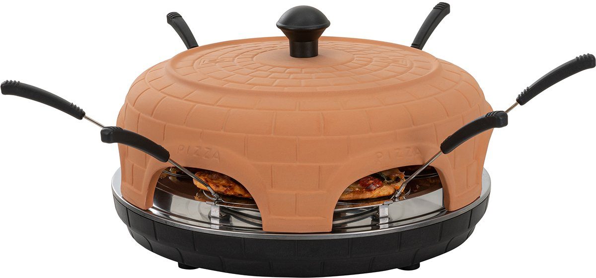 Heidenfeld Pizzaofen Mini Pizzaofen Pizzachef für 6 Personen inkl. Pizzaschieber Raclette, 1100 W Pizzamaker - Dual-M-Heizstab - Abdeckung Terracotta Pizza Ofen