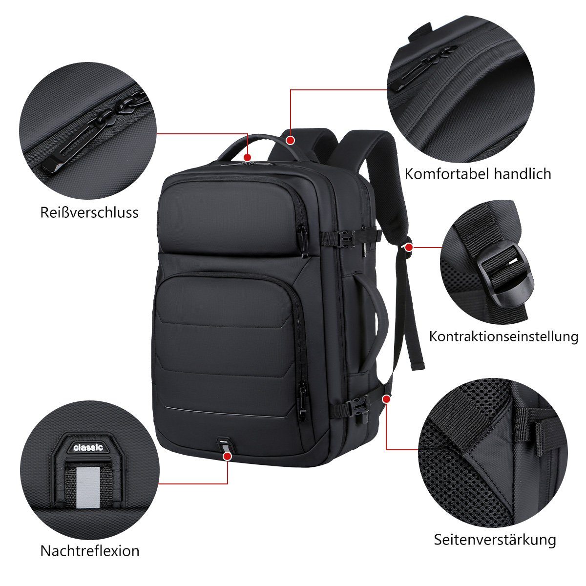 7Magic Reiserucksack Großer Erweiterbarer Laptop Rucksack Schulrucksack Laptoptasche (mit USB Ladeanschluss Anti Diebstahl Business Arbeit Reisen), für Teenager Notebook College Damen, Herren,Schwarz