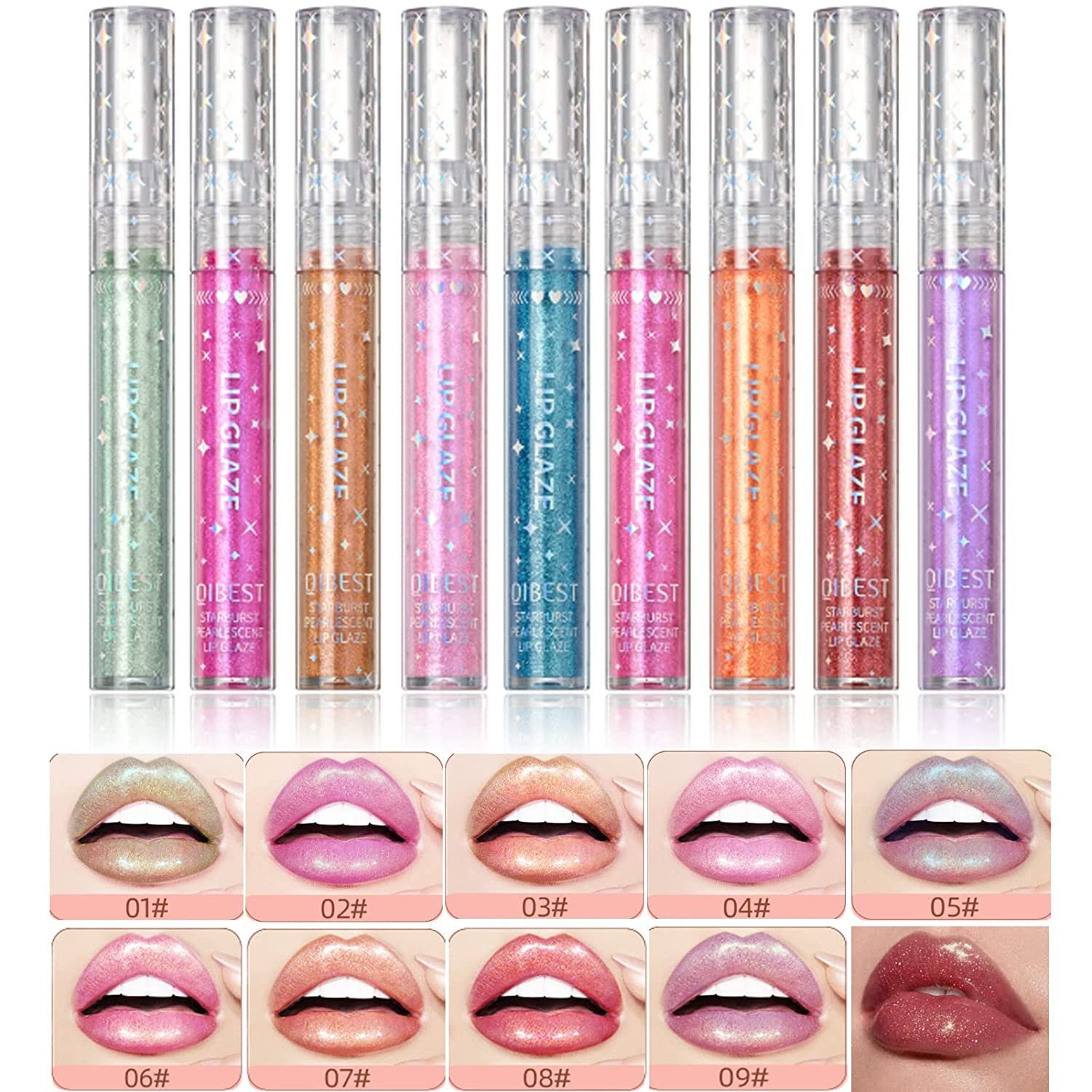 Haiaveng Lipgloss-Set 9 Farben Glitter Diamant Glänzender Lipgloss Set, Langanhaltender Wasserdichter Schimmer Metallic Lippenstift