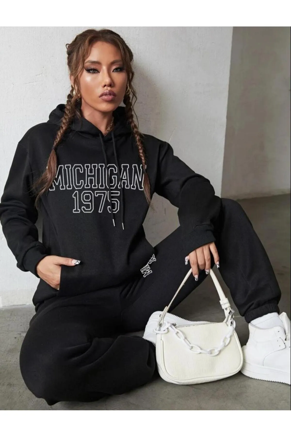 AFROGİYİM  Bedruckter Oversize-Trainingsanzug aus dreifädigem Fleece mit Michigan 1975-Muster für Damen