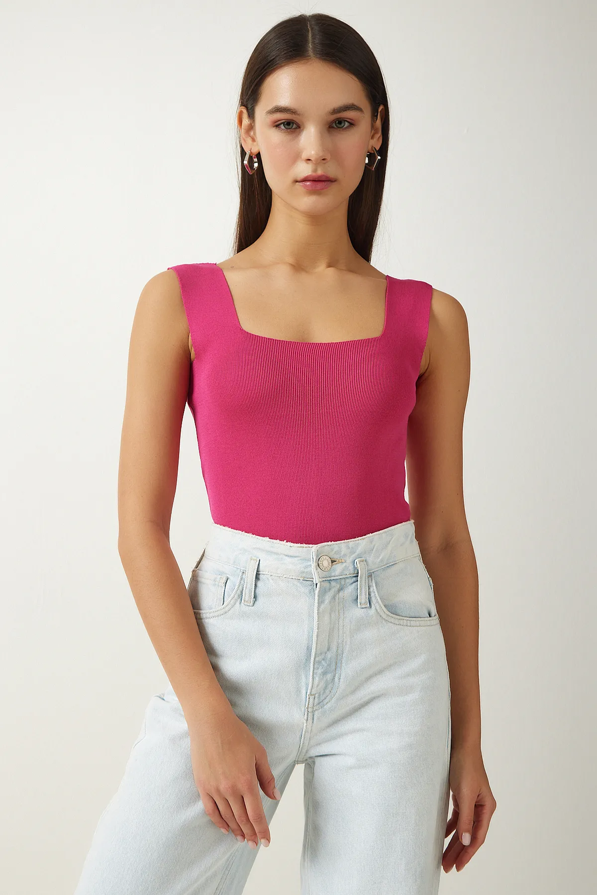 Happiness İstanbul  Vivid Pink Strickbluse mit quadratischem Kragen, bauchfrei, Größe S US00358