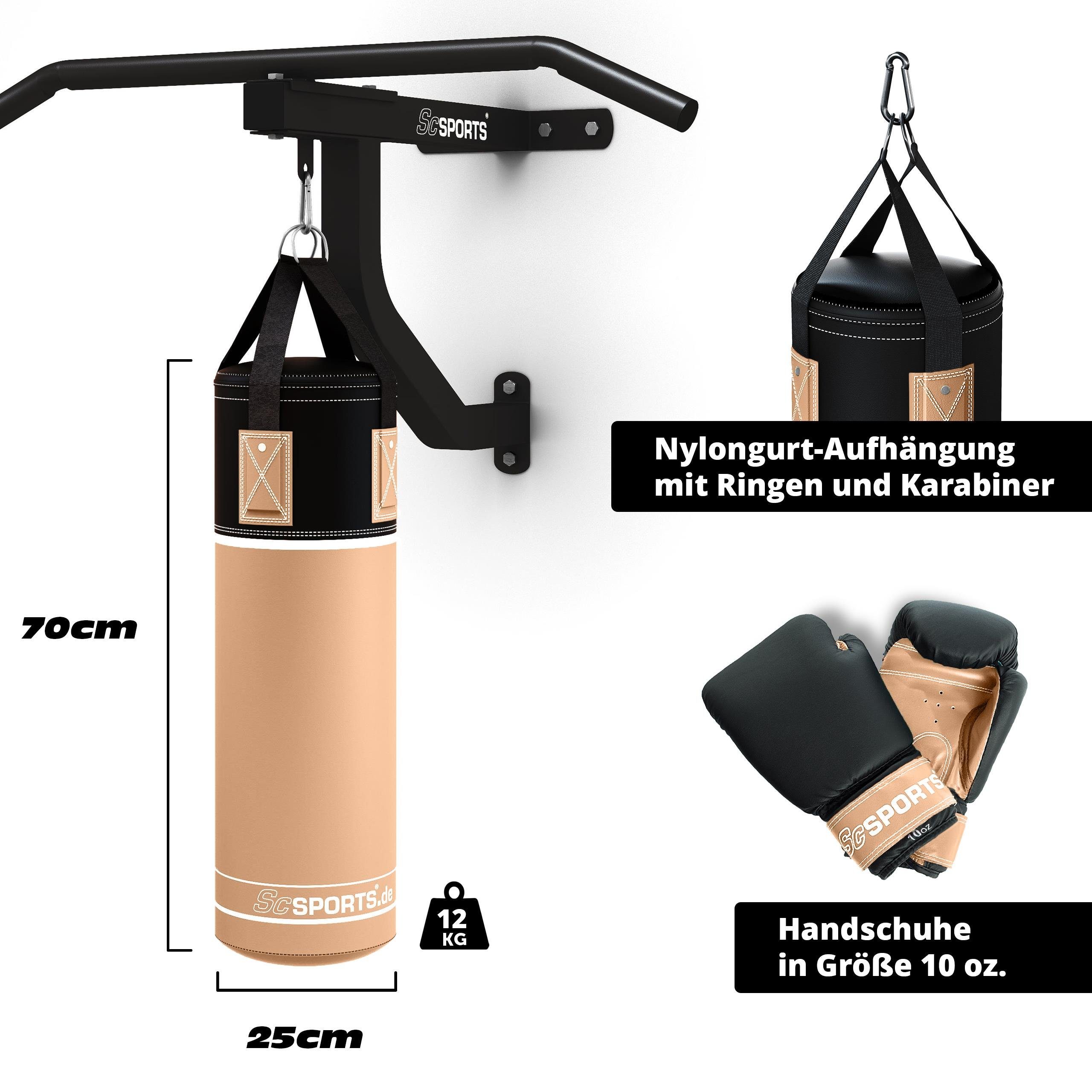 ScSPORTS® Boxsack Boxsack Set - 12kg, Gefüllt, mit Boxhandschuhen, Bandagen, Nylongurt