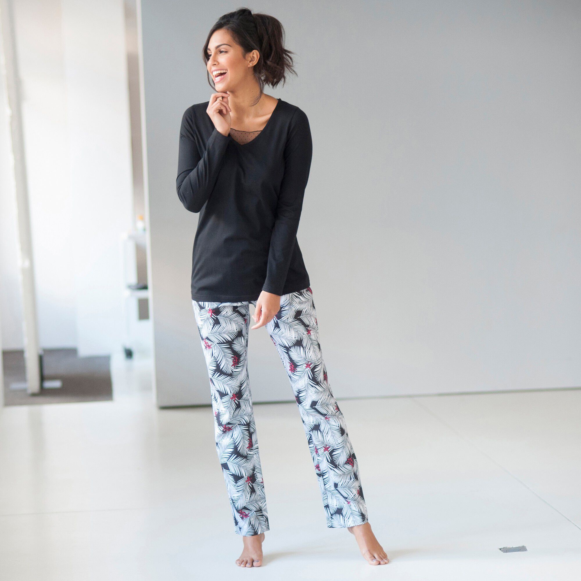 Pyjama pantalon empiècement plumetis