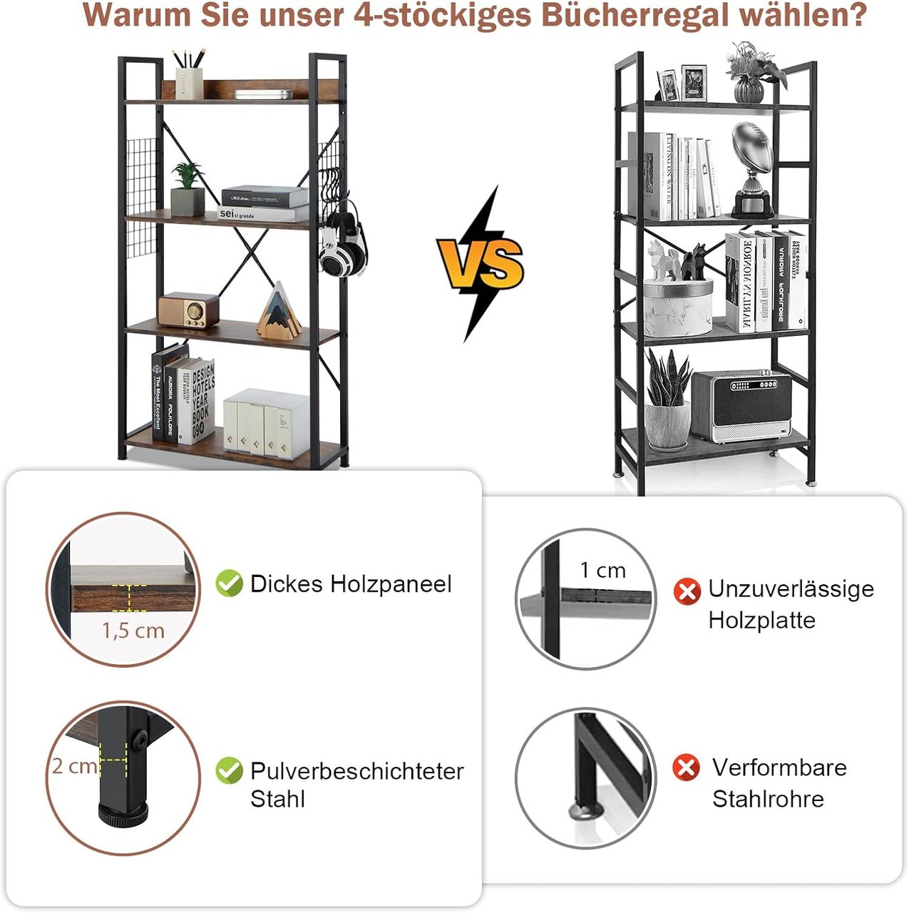 Costway Bücherregal Industriell, Standregal mit 4 Ebenen