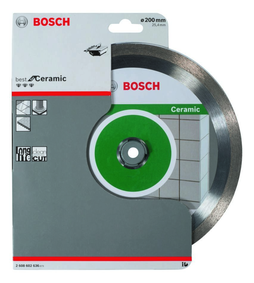 Disco da taglio diamantato Bosch Blue Accessories 2608602636, ideale per ceramica, dimensioni 200 x 25,40 x 2,2 x 10 mm.