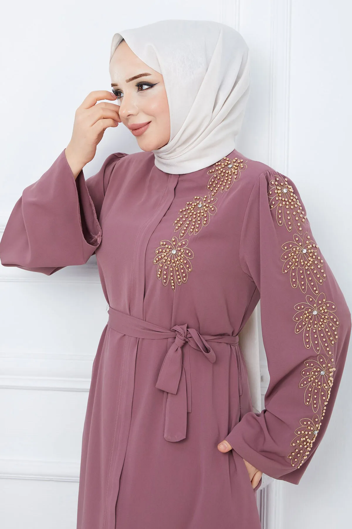 Tesettür Dünyası  Griff Perlen Bestickt Gürtel Hijab Ferace TSD240203 Getrocknete Rose