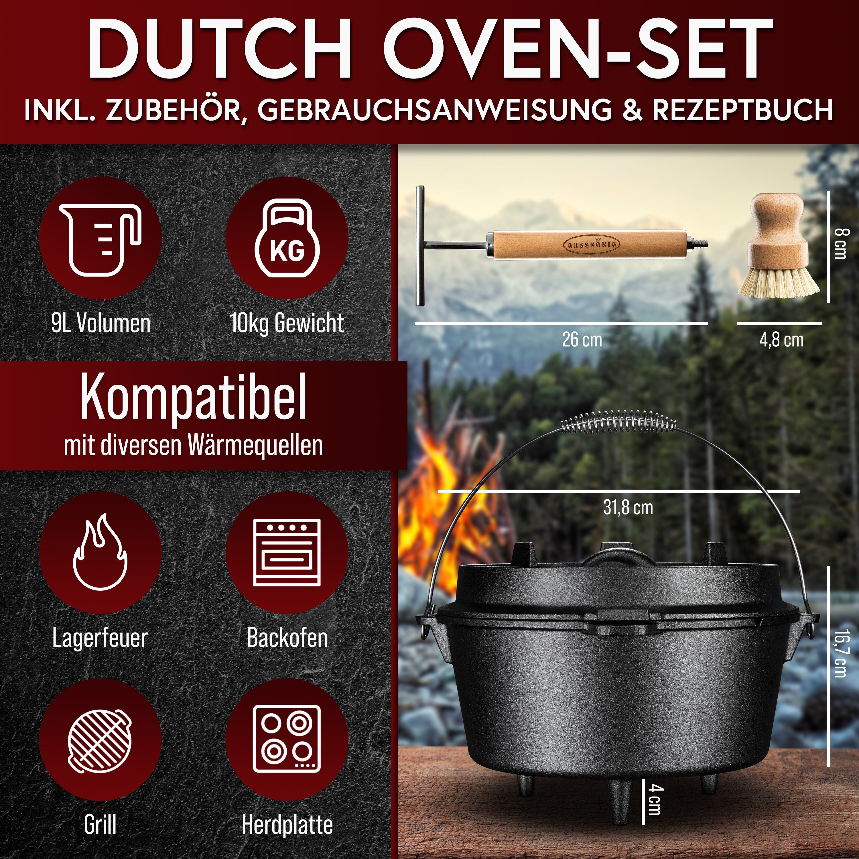GUSSKÖNIG Grilltopf GUSSKÖNIG Dutch Oven 9L Set: inklusive Deckelheber, Bürste, Rezeptbuch