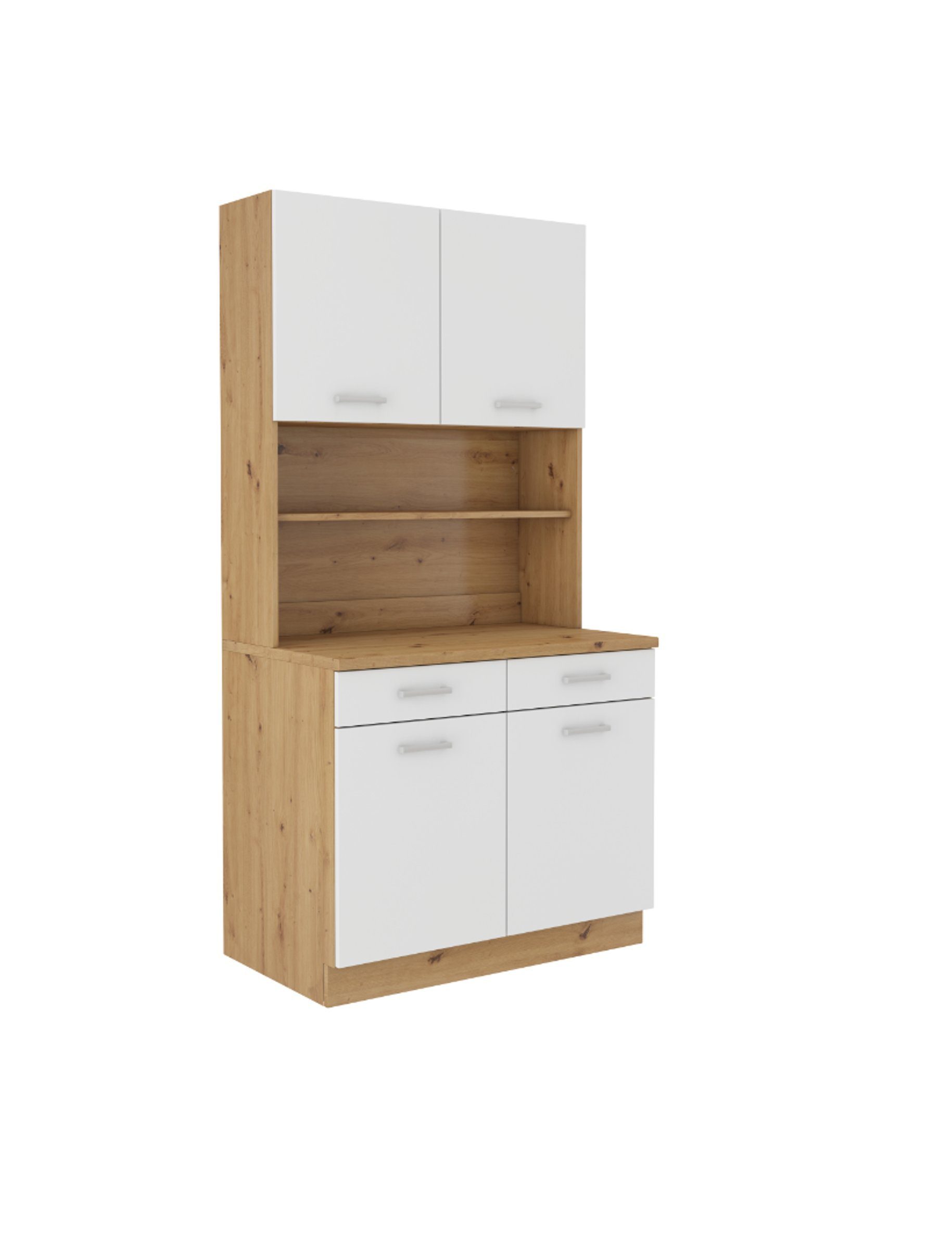 Küchen-Preisbombe Küchenbuffet Mario 100 cm Küche Küchenzeile Küchenblock Weiss matt + Eiche Artisan