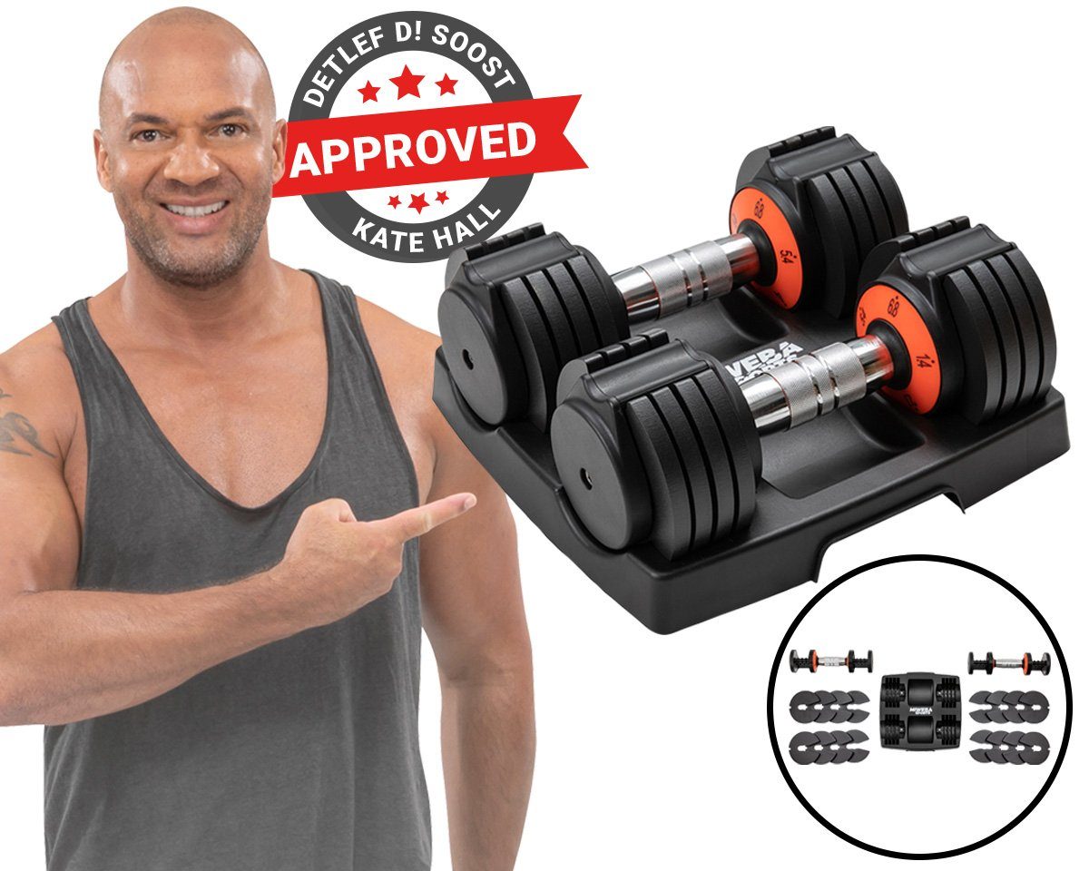 Miweba Sports Hantel-Set verstellbares Fitness Kurzhantel Set VH300 inkl. Gestell, (cleveres Verschlusssystem, Stahl, Kreuzgerändelte Hantelstange, rutschfest, Workout, Muskelaufbau, Sport, 1,4-6,8 kg, 5 Gewichtsstufen, 16 Gewichtsscheiben á 0,7 kg,