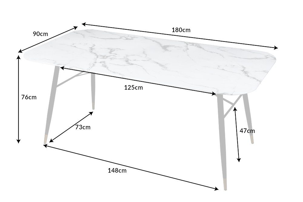 riess-ambiente Esstisch PARIS 180cm weiß / schwarz-gold, Kristallglas · Marmor-Dekor · Retro