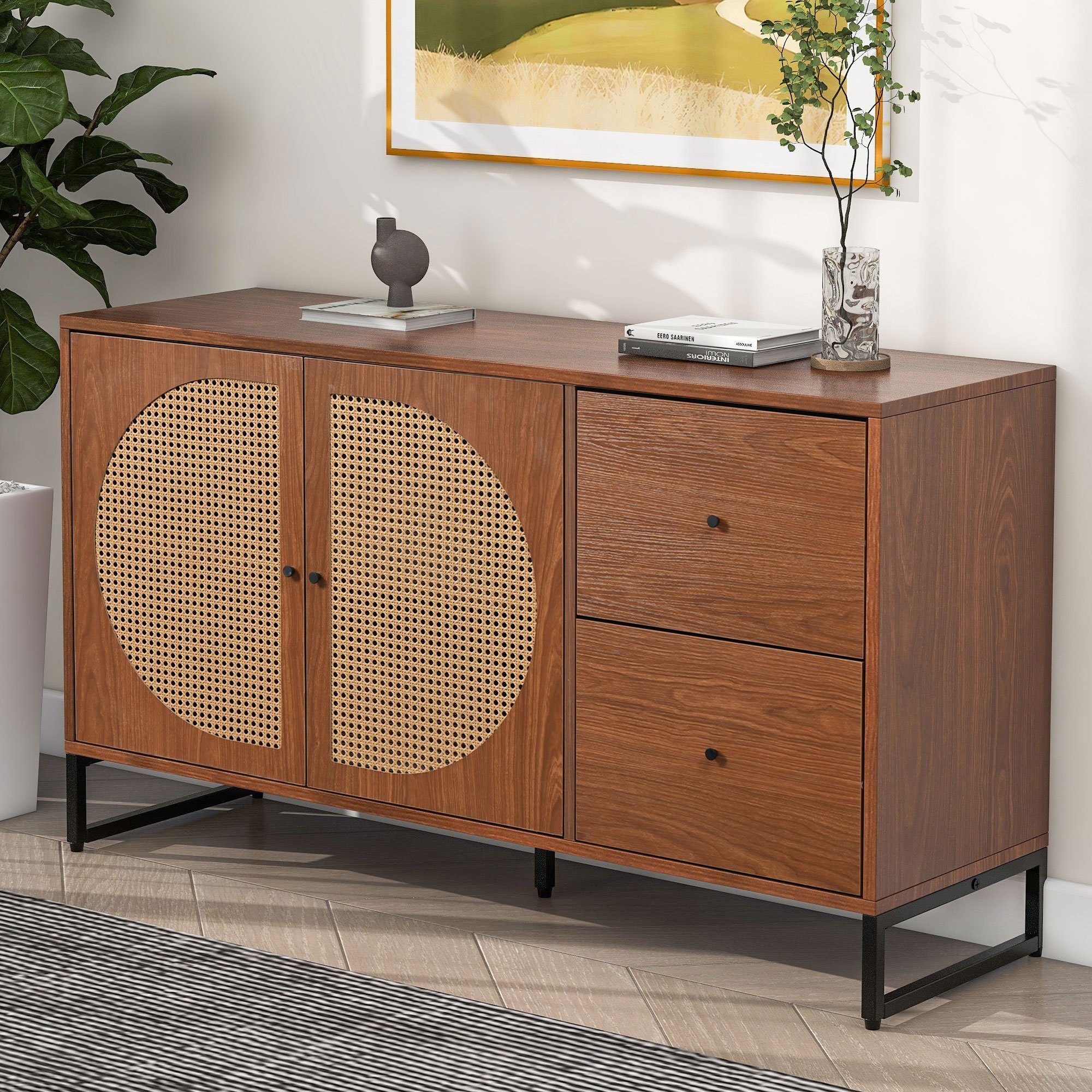 REDOM Sideboard Kommode Mehrzweckschrank (mit 2 Rattan verzierten Türen und 2 Schubladen Kommode Küchenschrank), Highboard mit Metallgriffe