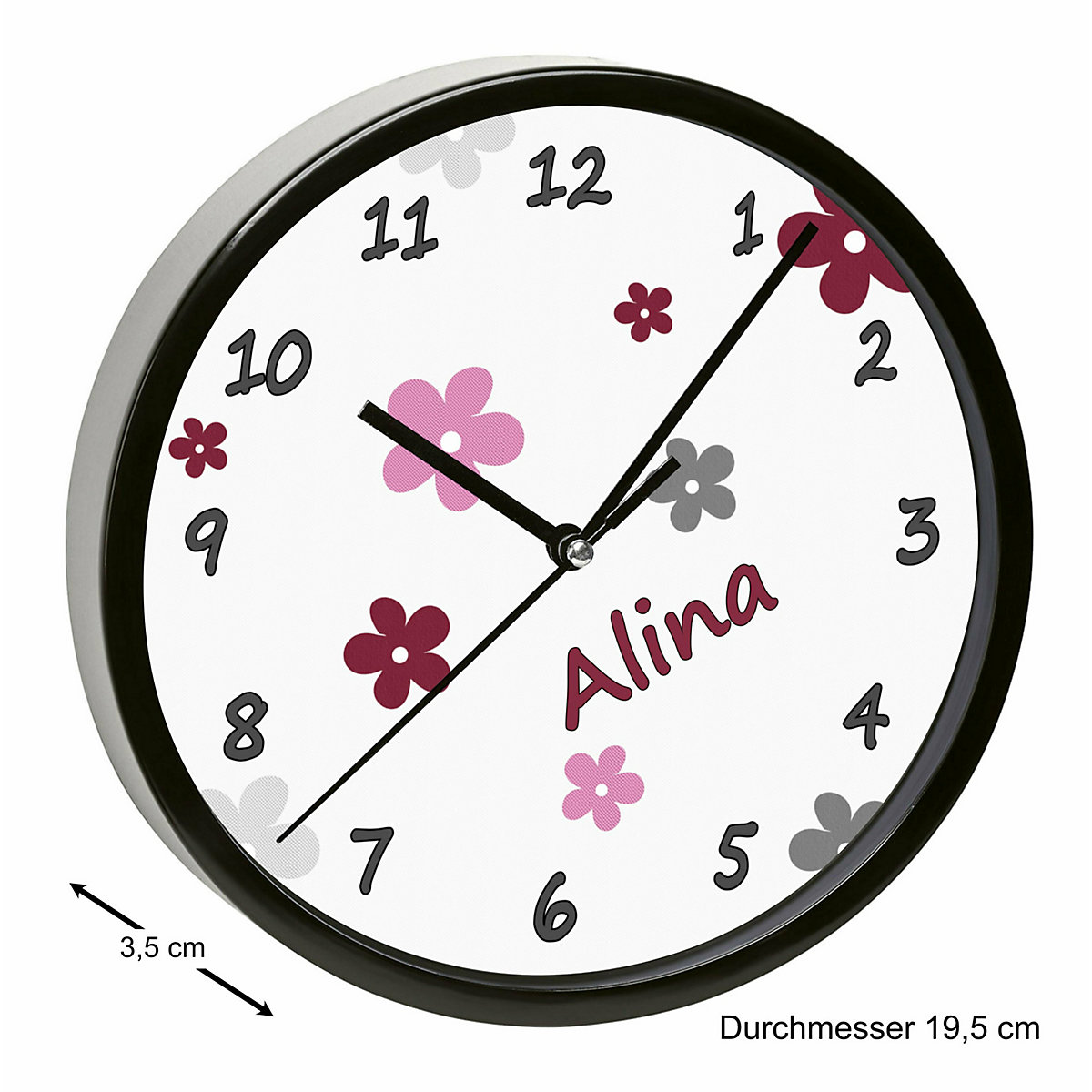Kinder Wanduhr laufruhig personalisiert mit Name Blumen Brombeere Grau