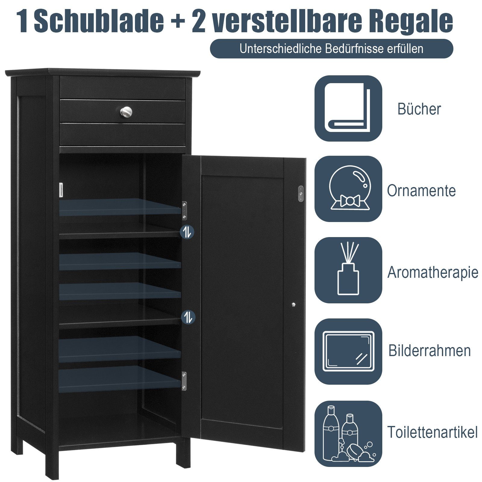 COSTWAY Badkommode, mit Schublade & Tür, 3 Fächer, 35,6x30,5x88cm
