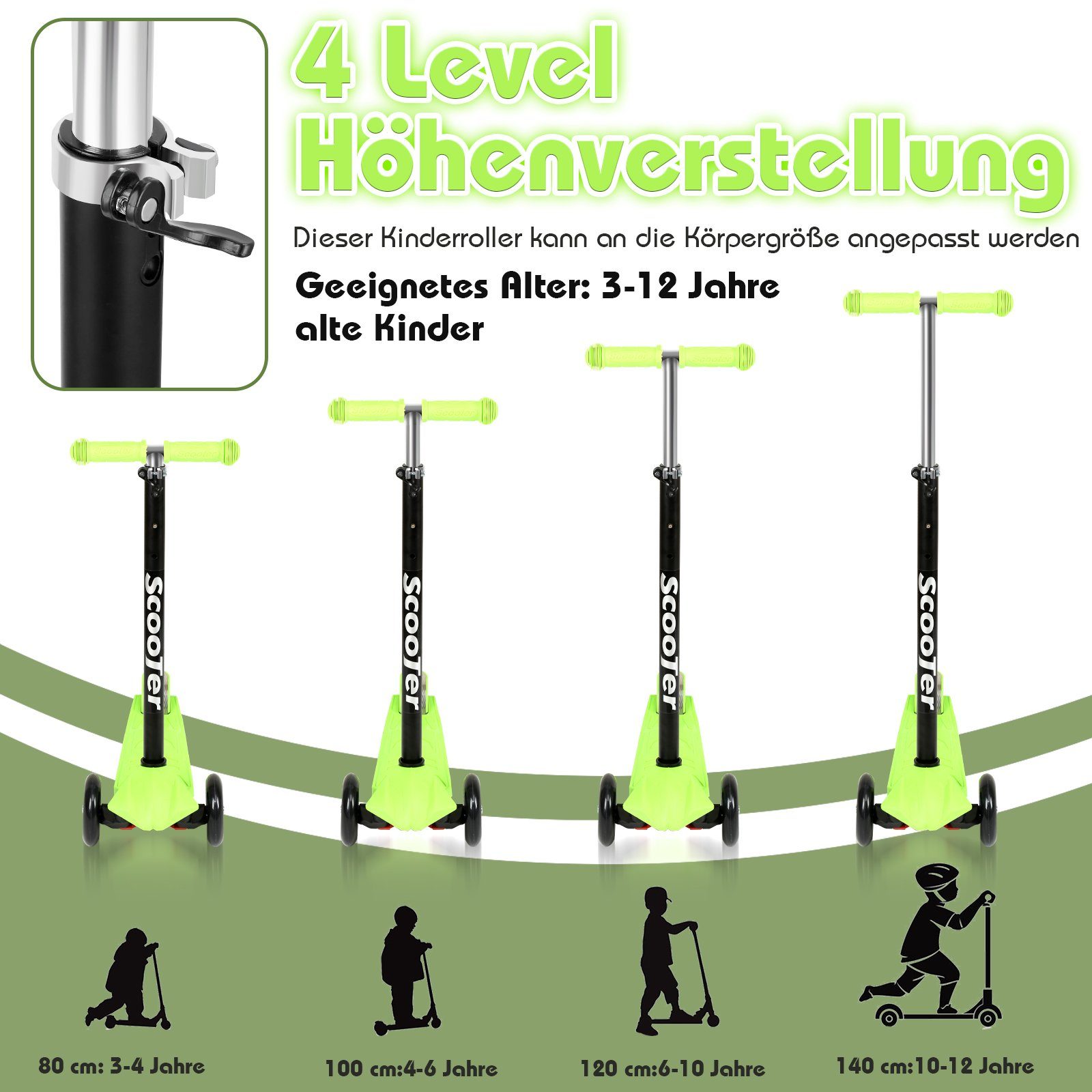 Clanmacy Scooter Kinderroller Tretroller Cityroller LED Räder Höhenverstellbar Grün