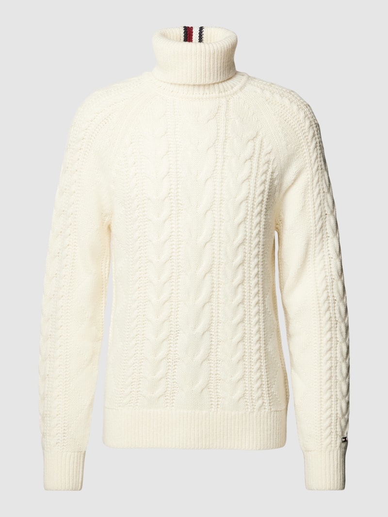 Rollkragenpullover mit Zopfmuster in ecru