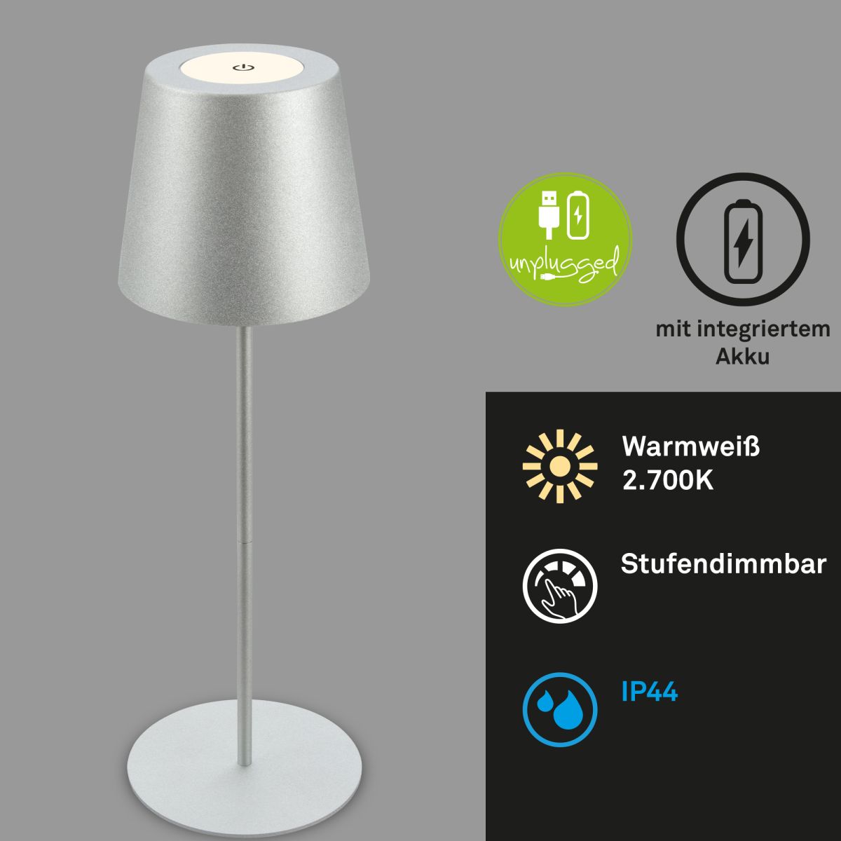 HVMM Akku LED Tischlampe Kiki Grau