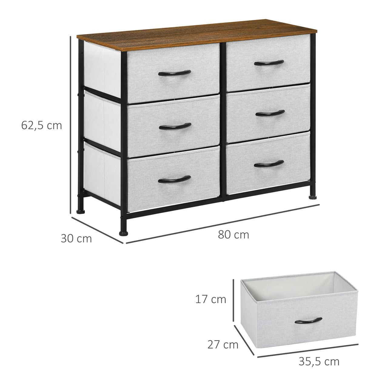 HOMCOM Kommode Schubladenschrank Sideboard mit 6 klappbaren Stoffschubladen Grau
