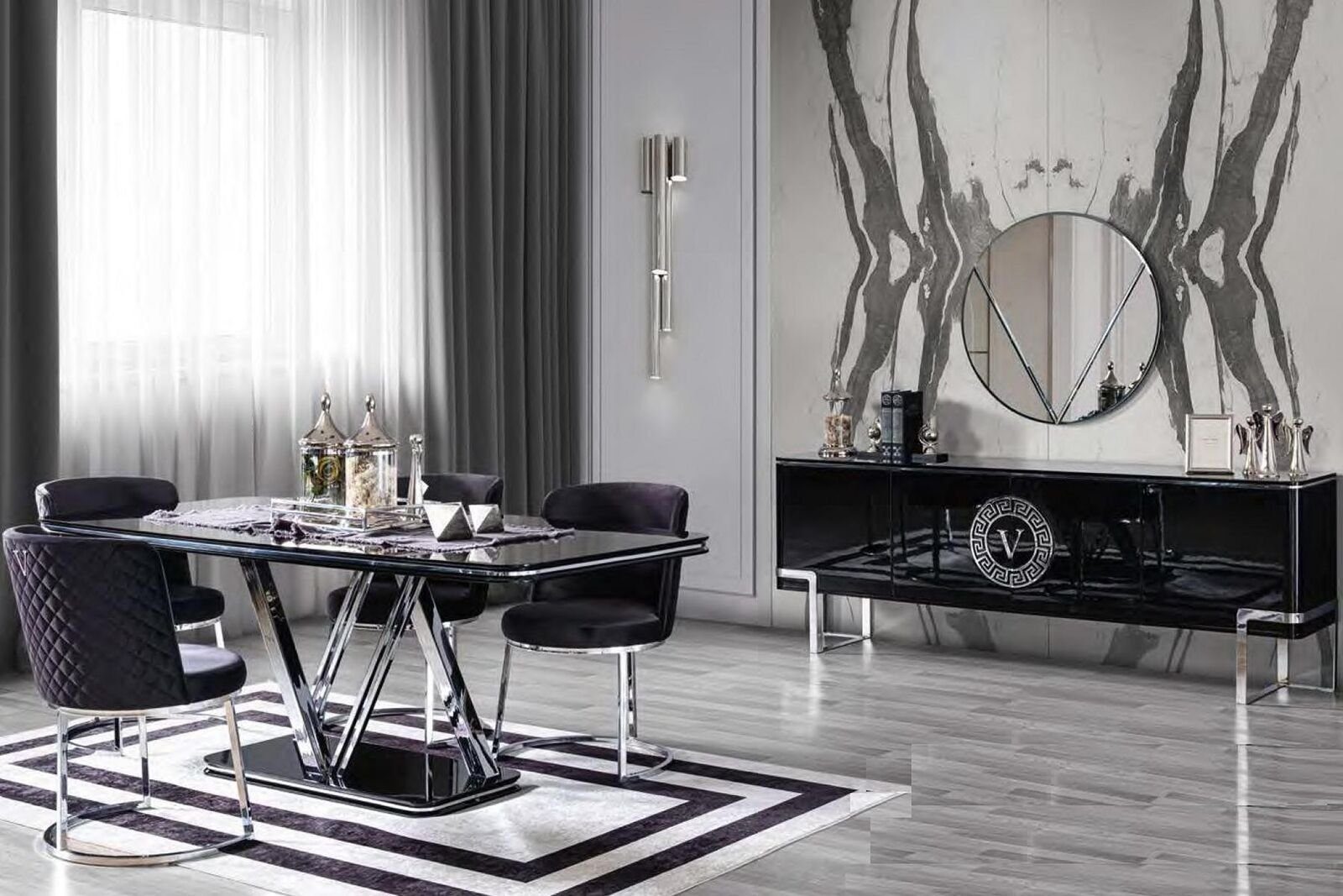 JVmoebel Essgruppe Schwarze Esszimmer Garnitur Luxus Esstisch 6x stühle Set 7tlg., (7-tlg., Esstisch / 6x Stühle), Made in Europa