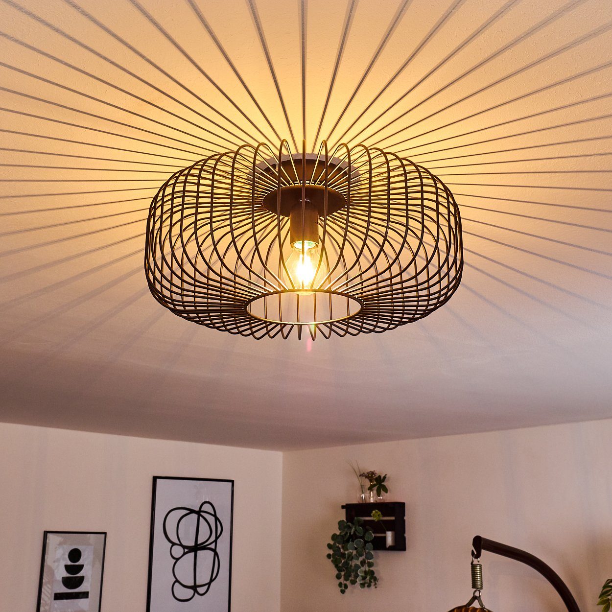 hofstein Deckenleuchte Pieris runde Deckenlampe aus Metall in Schwarz, ohne Leuchtmittel, E27, Retro-Leuchte mit Lichteffekt durch Gitter-Optik