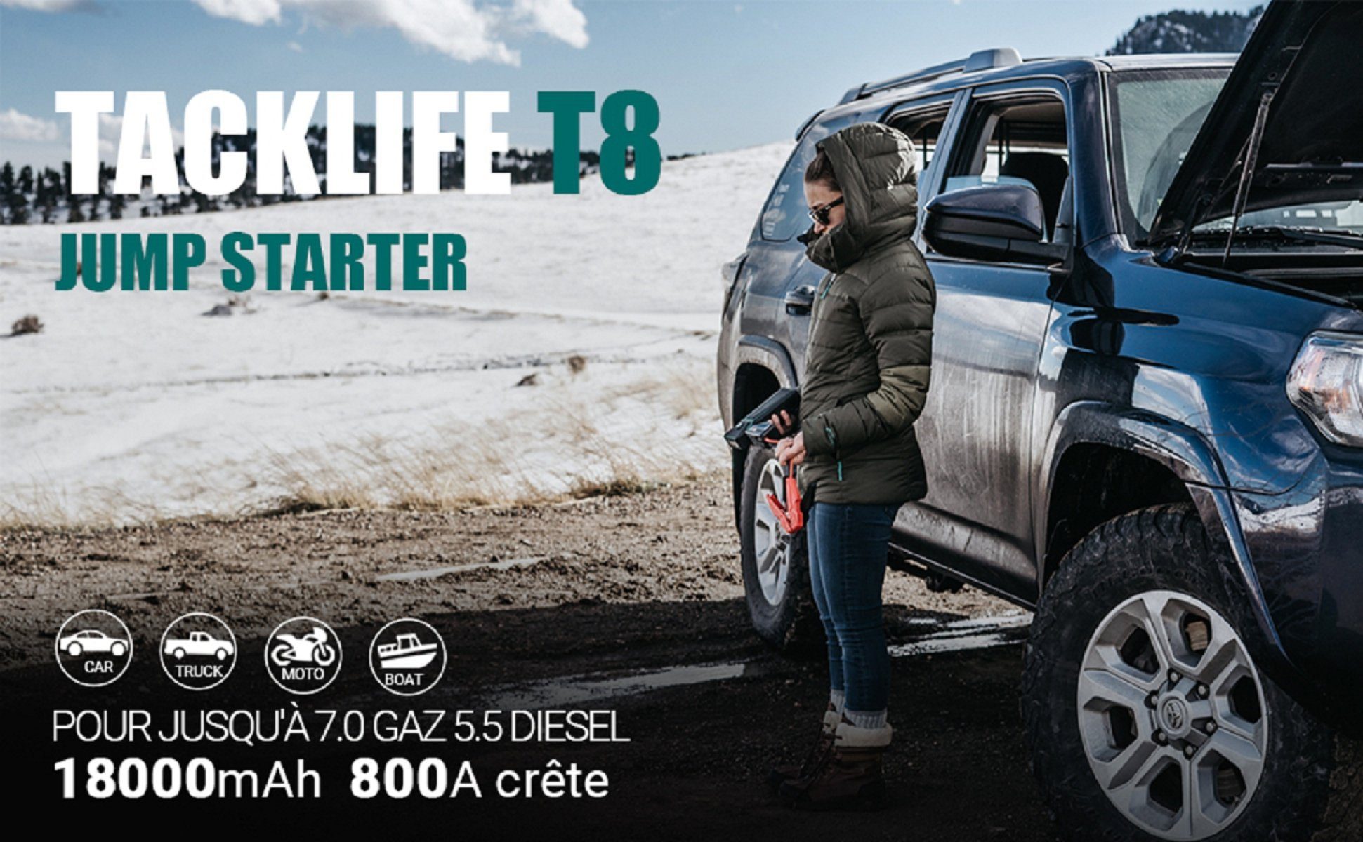 TACKLIFE Starthilfegerät, Auto Batterieladegeräte 18000mAh/800A 2 USB Ladebuchsen