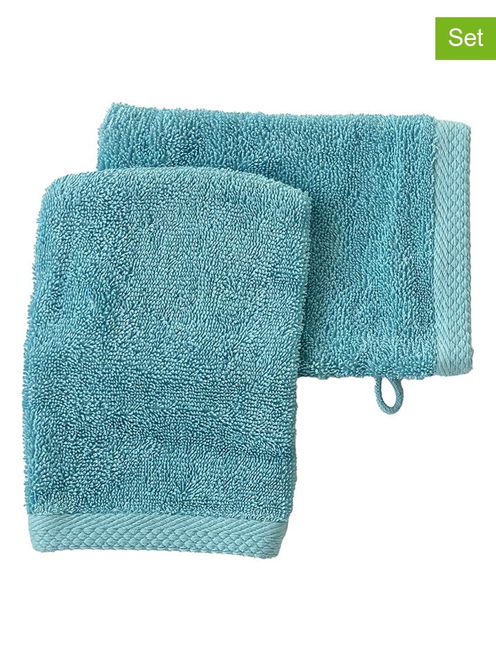 Soft by Perle de Coton 2er-Set: Waschhandschuhe ''Epo'' in Türkis günstig kaufen 16x21 cm