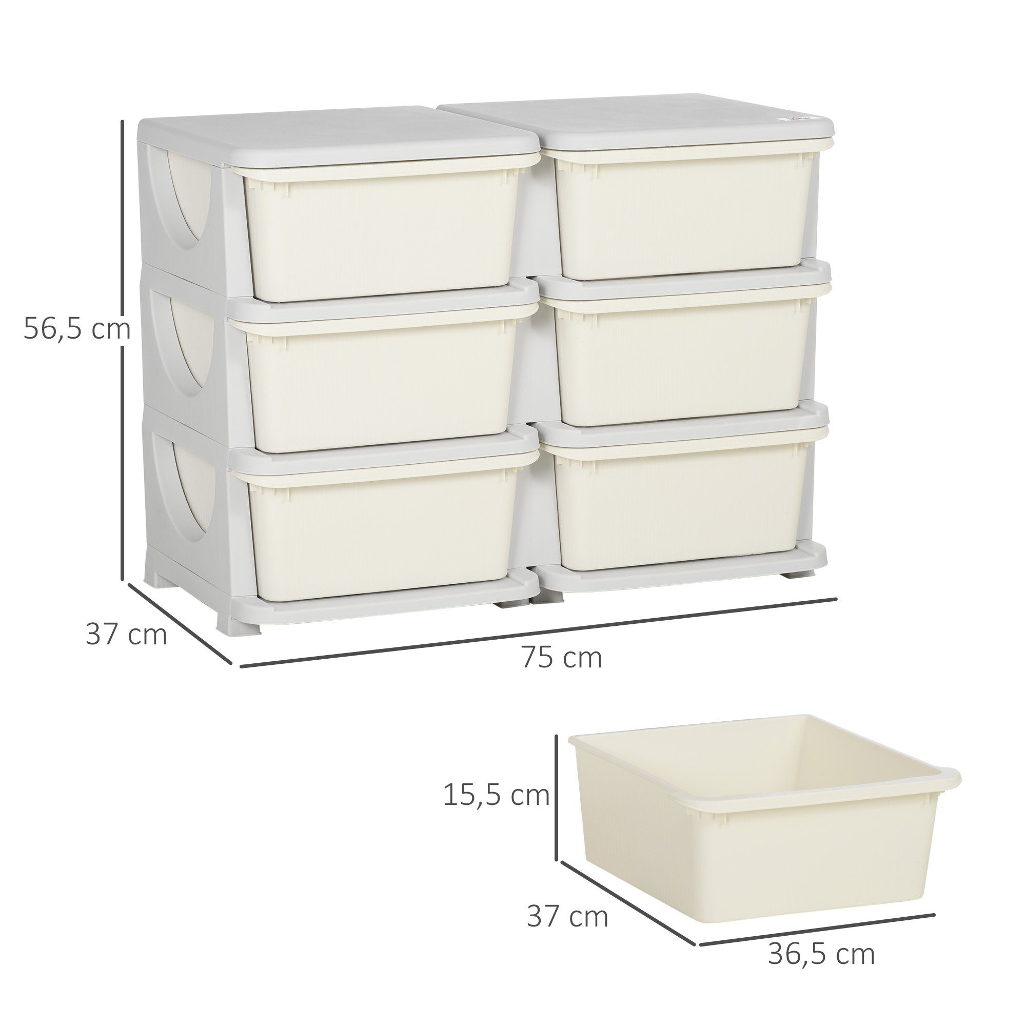HOMCOM Spielzeugtruhe Schubladenschrank für Kinder Aufbewahrungsboxen mit 6 Ebenen Creme (Spielzeugkiste, 1 St., Spielzeug-Organizer), einfach zu Reinigen