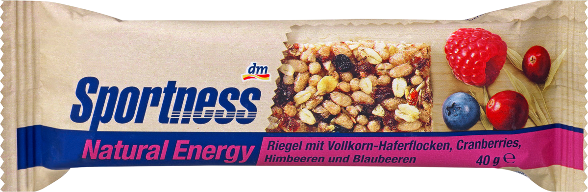 Energieriegel, Natural Energy, Vollkorn-Haferflocken, Cranberries, Himbeeren & Blaubeeren, 40 g