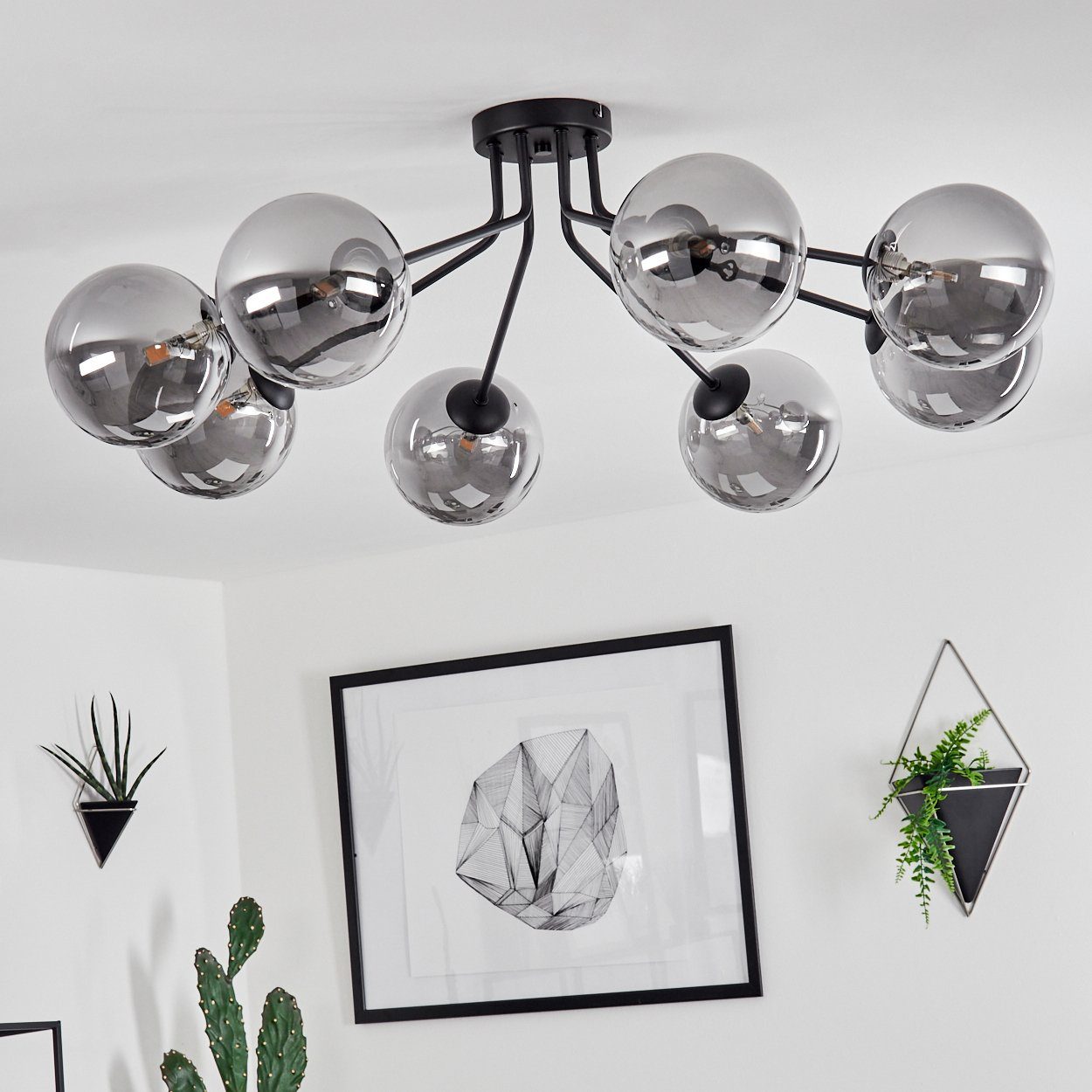hofstein Deckenleuchte Garaguso moderne Deckenlampe aus Metall/Glas in Schwarz/Rauchfarben, ohne Leuchtmittel, Leuchte im Retro/Vintage-Design mit Schirmen aus Rauchglas, 8xG9