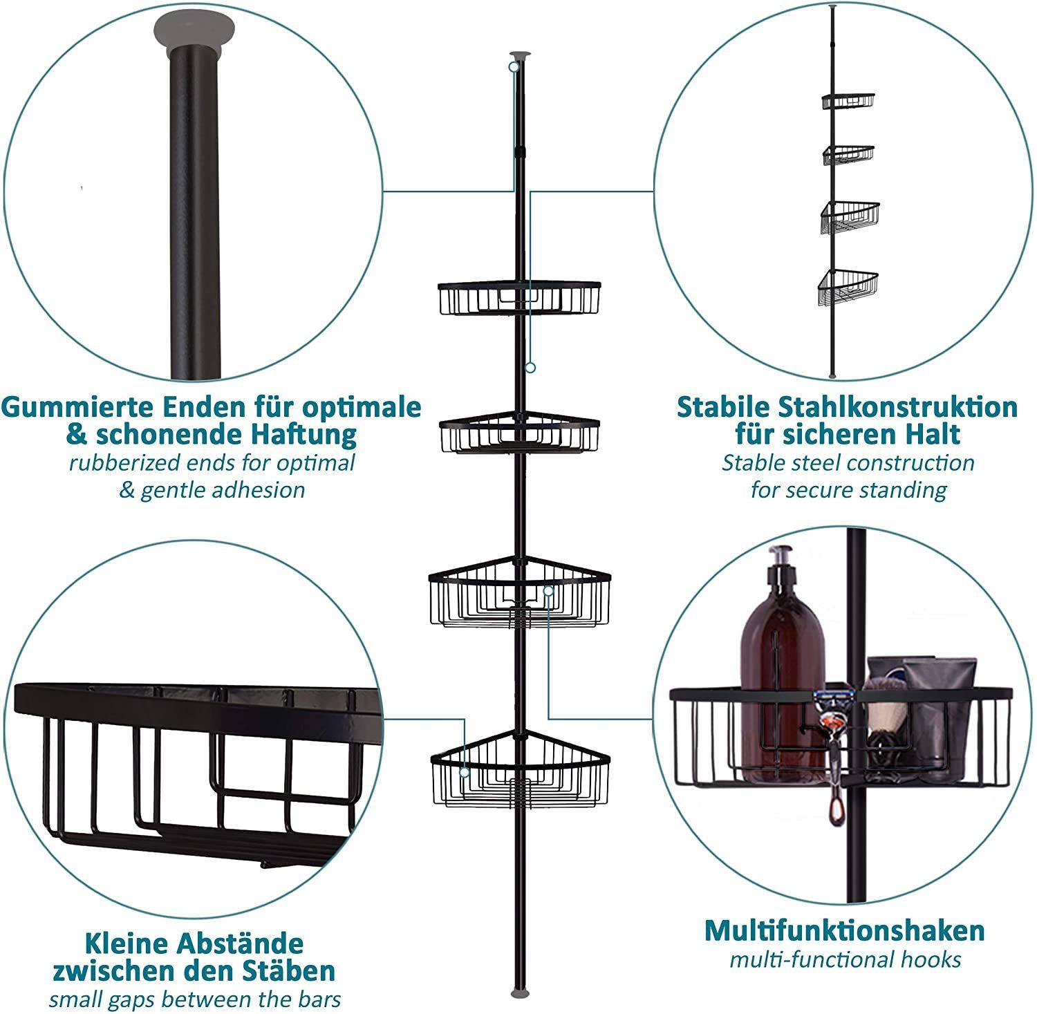 Smartpeas Teleskop Teleskop-Duschregal, 4 Körbe, 76-280cm, Wei Wei, 4 Krbe Bis Zu 288 Cm