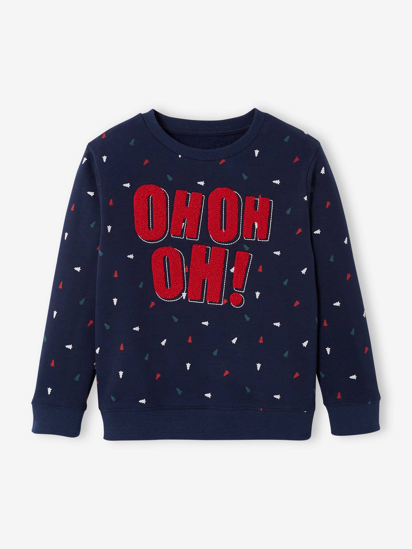 Sweat de noël garçon message ludique bouclettes et motifs sapins marine
